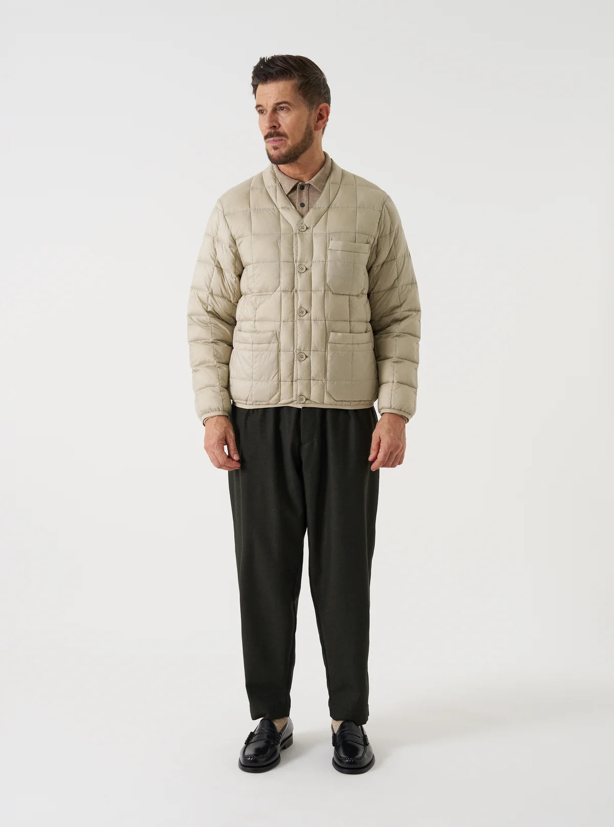 TAION x UNIVERSAL WORKS Ice Grey Nylon Soft Shell Down Cardigan
