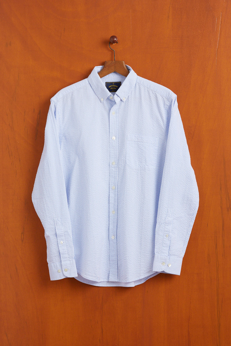 PORTUGUESE FLANNEL Atlantico Seersucker Stripe Blue Shirt
