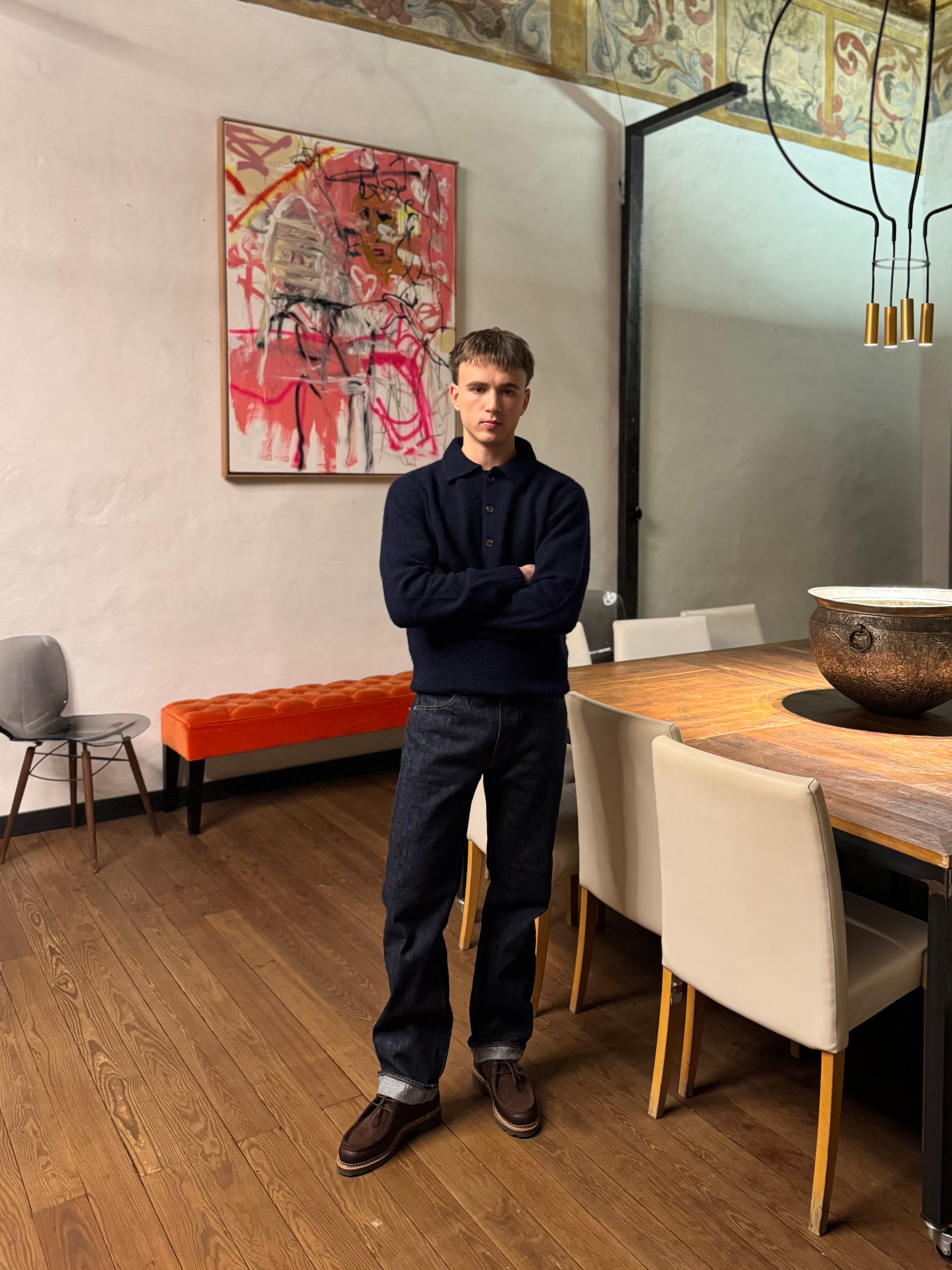 FRESH Paul Shaggy Shetland Wool Polo Sweater In Navy