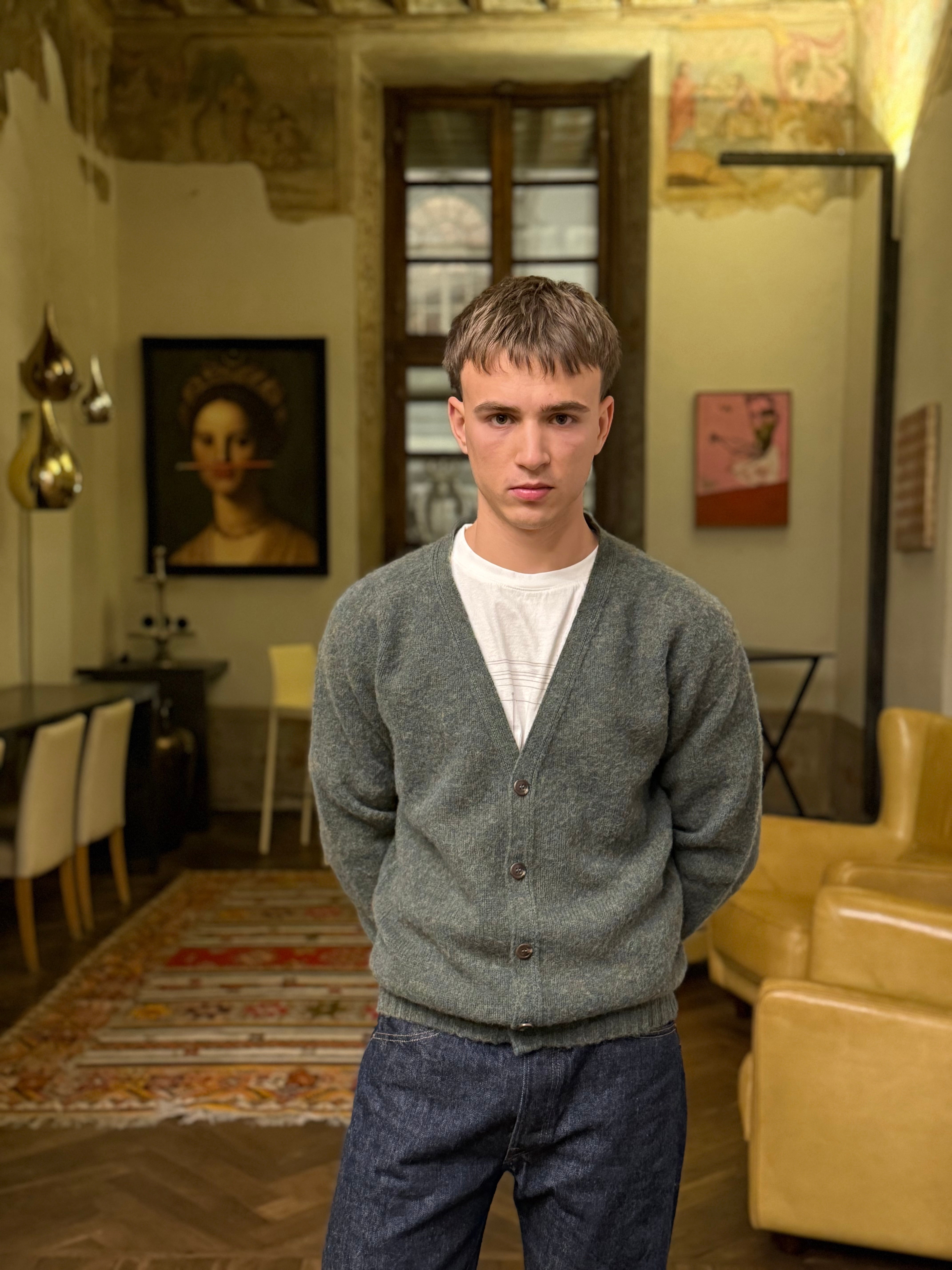 FRESH Dave Shaggy Shetland Wool Cardigan In Sweetpea