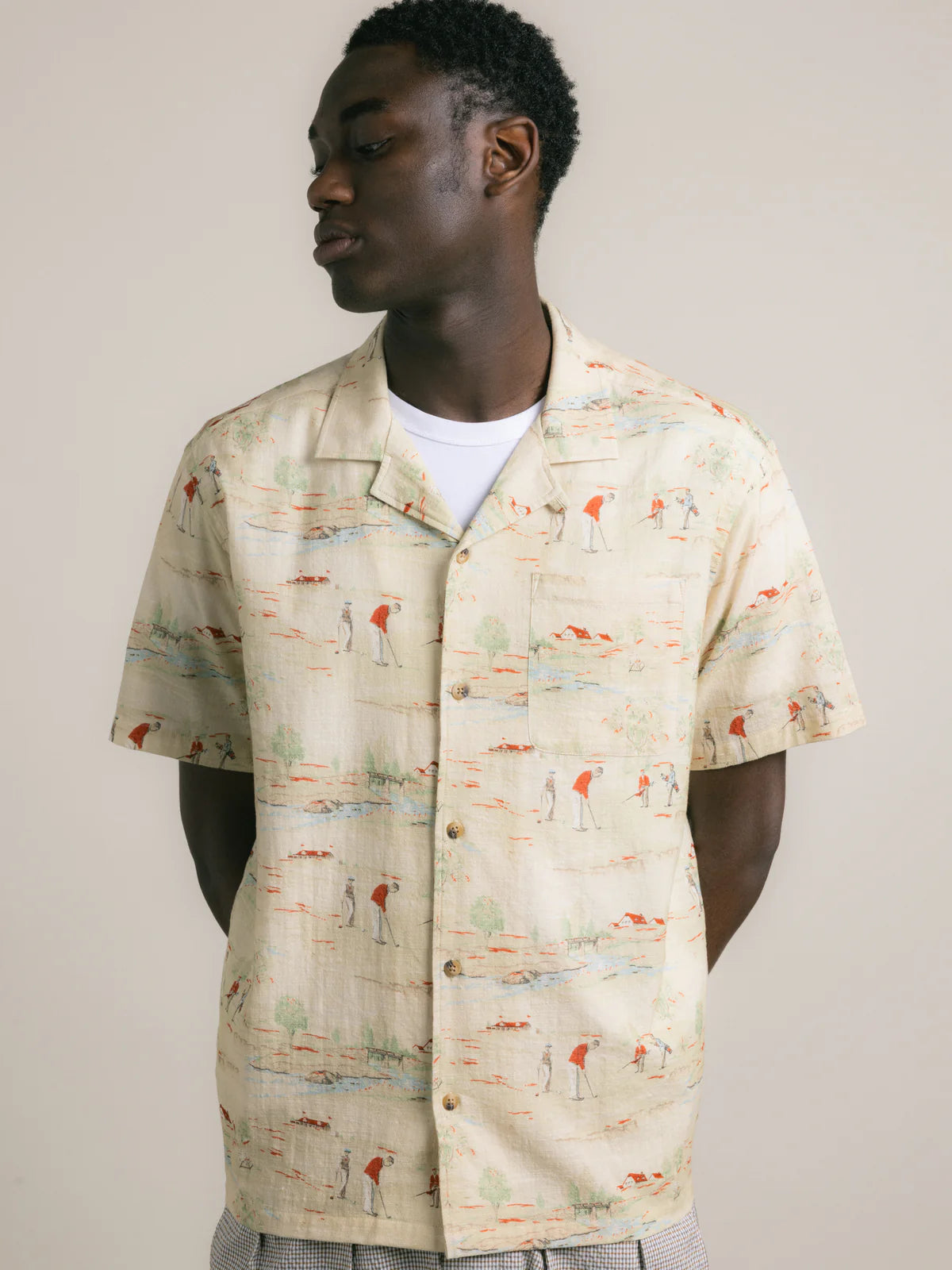 KESTIN Crammond Shirt in Oatmeal Golf Print Cotton