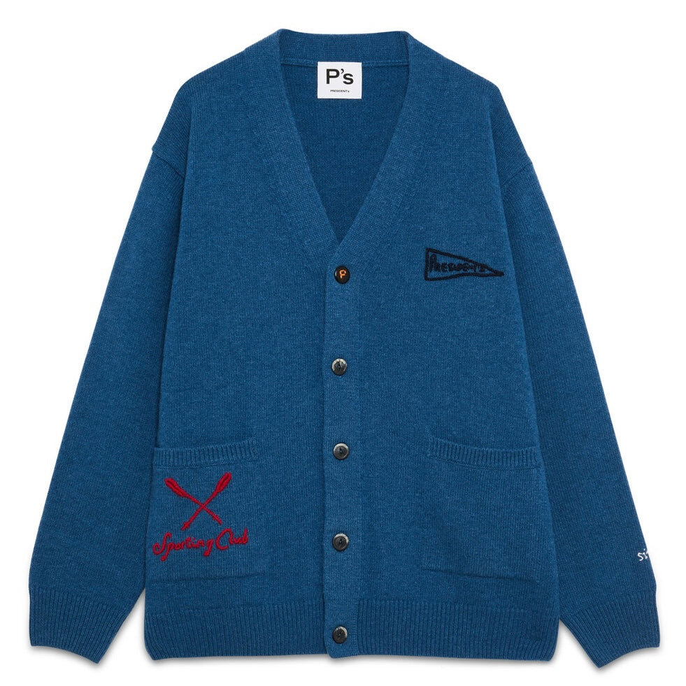 PRESIDENT’s Cardigan pocket P'S
Lambswool Embroidery Ocean Blue