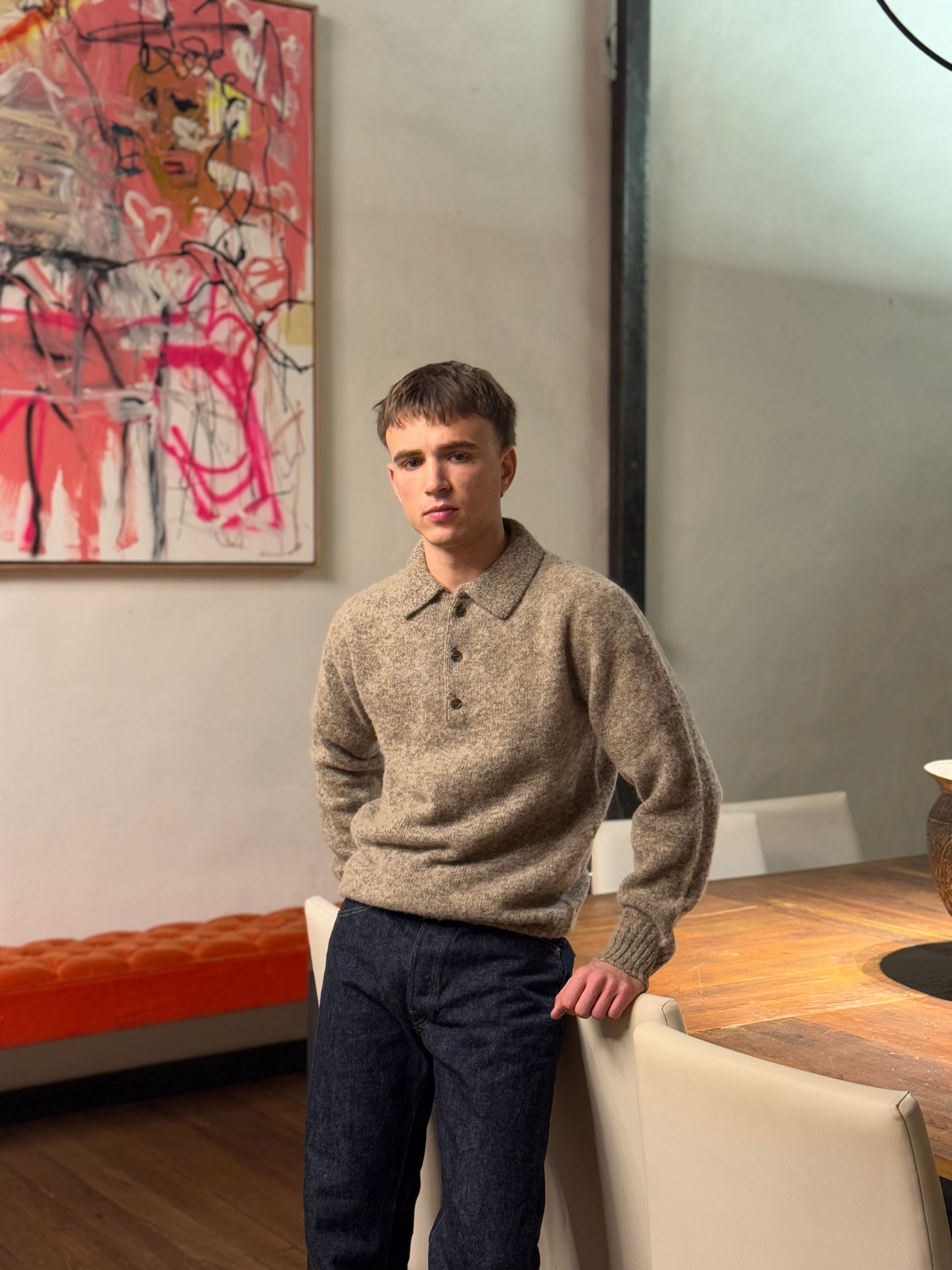 FRESH Paul Shaggy Shetland Wool Polo Sweater In Pebble