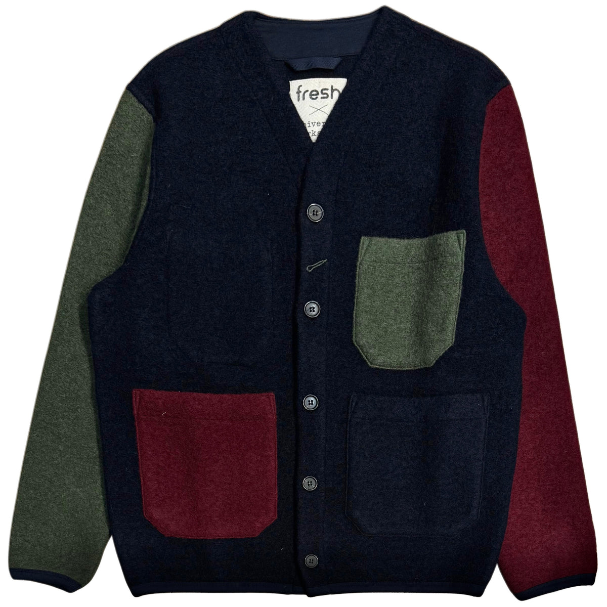 UNIVERSAL WORKS x Fresh Cardigan Wool Fleece Navy Bordeaux