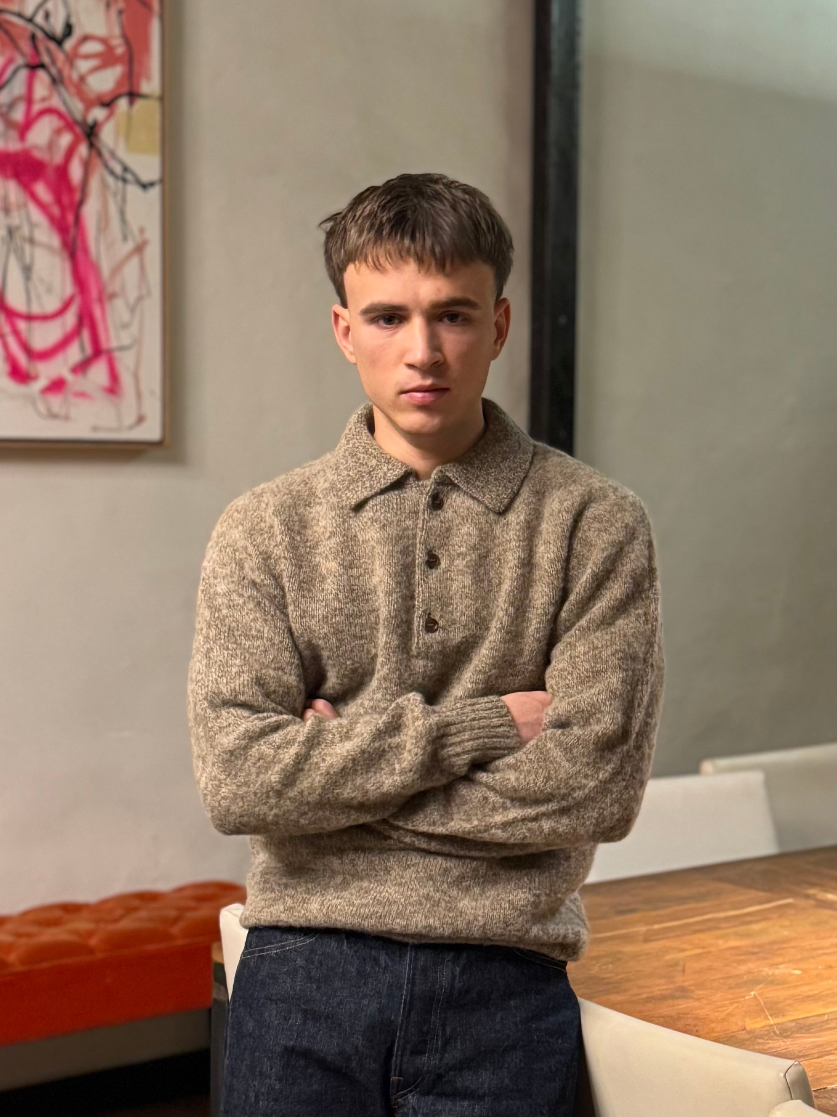 FRESH Paul Shaggy Shetland Wool Polo Sweater In Pebble