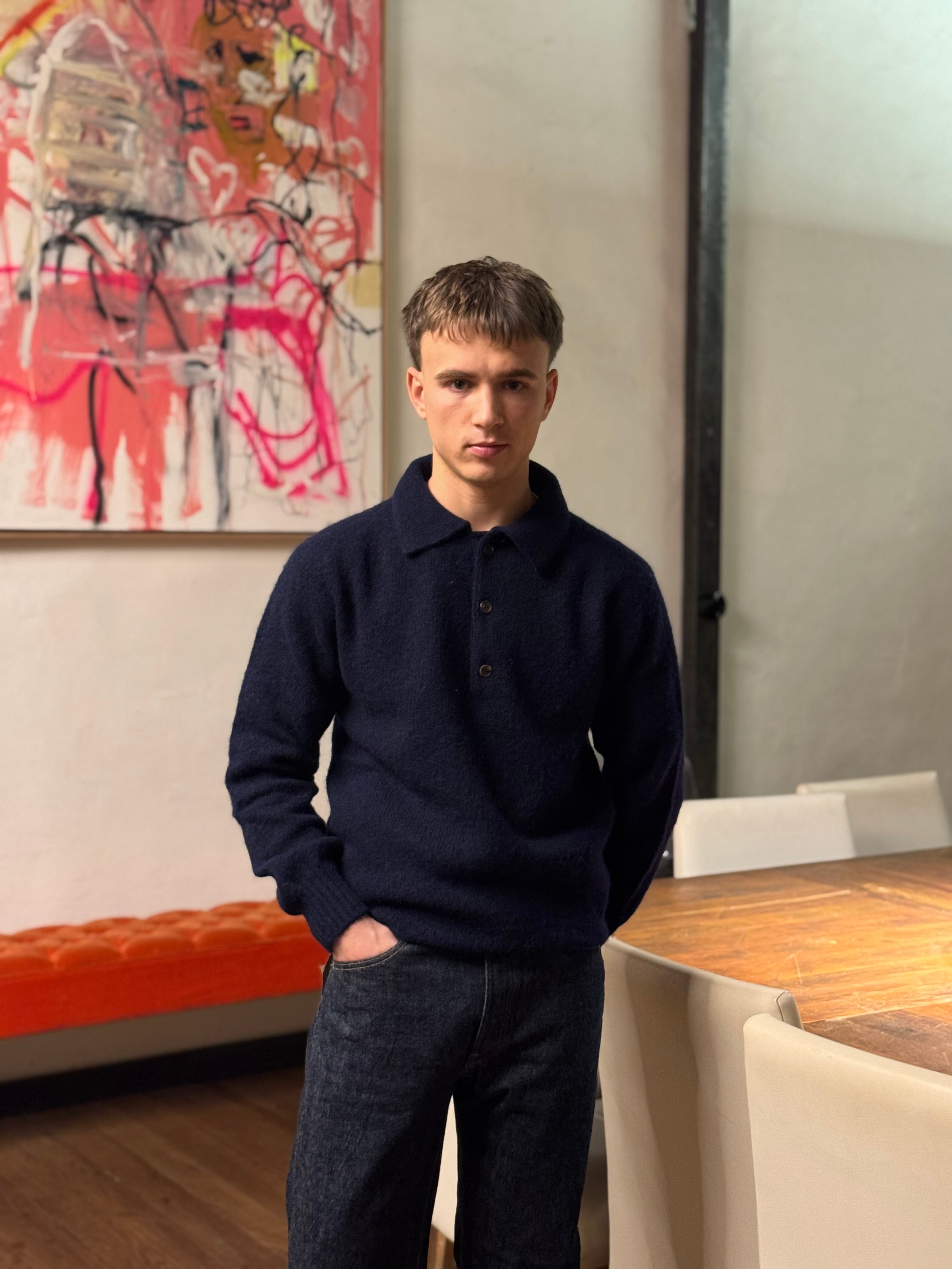 FRESH Paul Shaggy Shetland Wool Polo Sweater In Navy