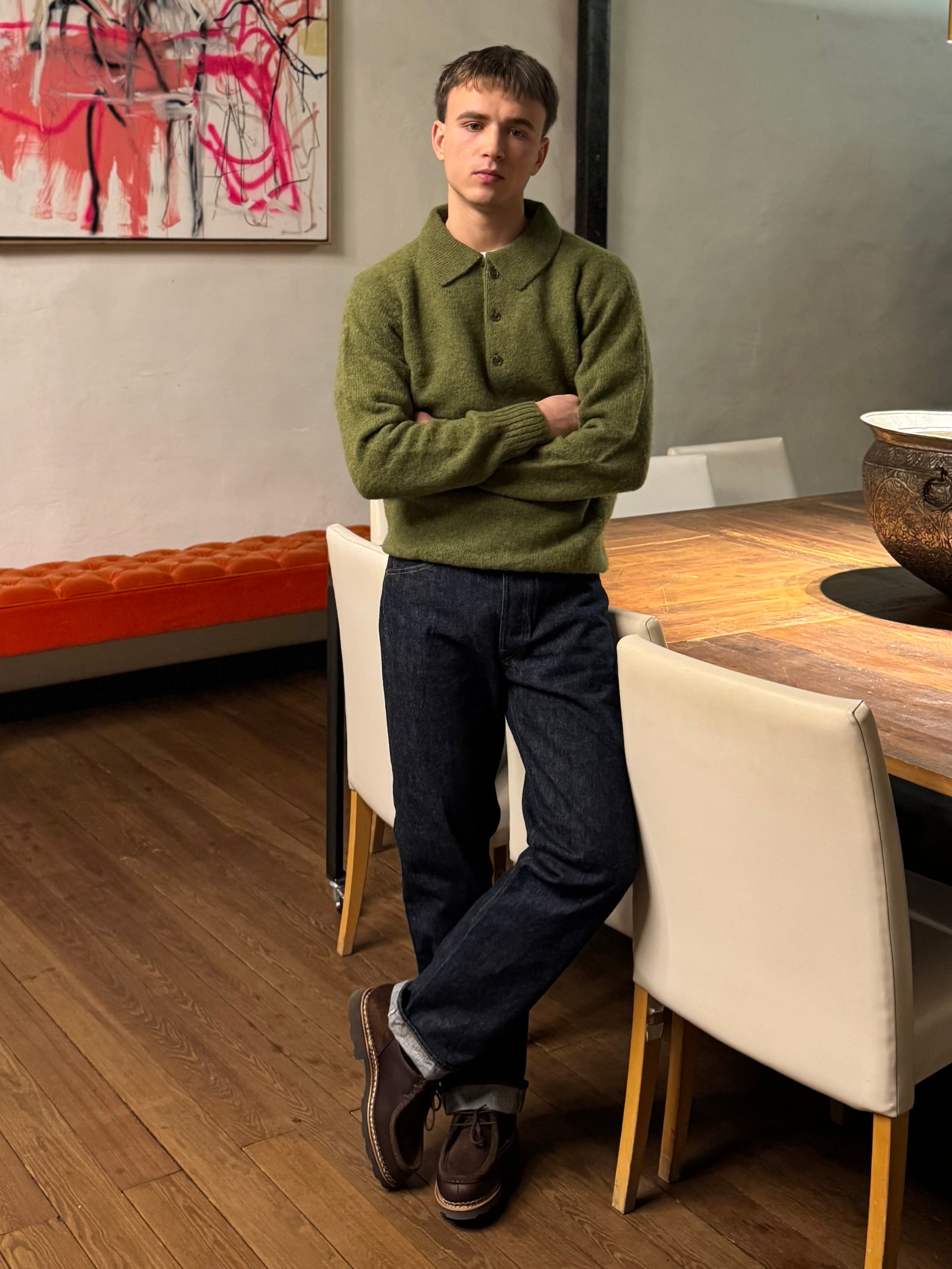 FRESH Paul Shaggy Shetland Wool Polo Sweater In Kale