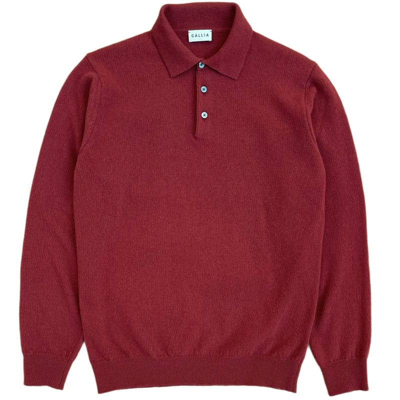 GALLIA Rossi Knit Long-sleeved Wool Polo Shirt Bordeaux
