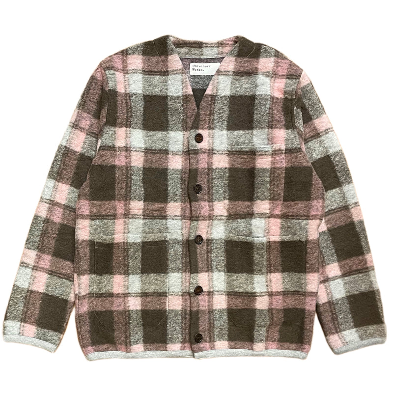 UNIVERSAL WORKS Cardigan In Pink Brown Wool Check Fleece