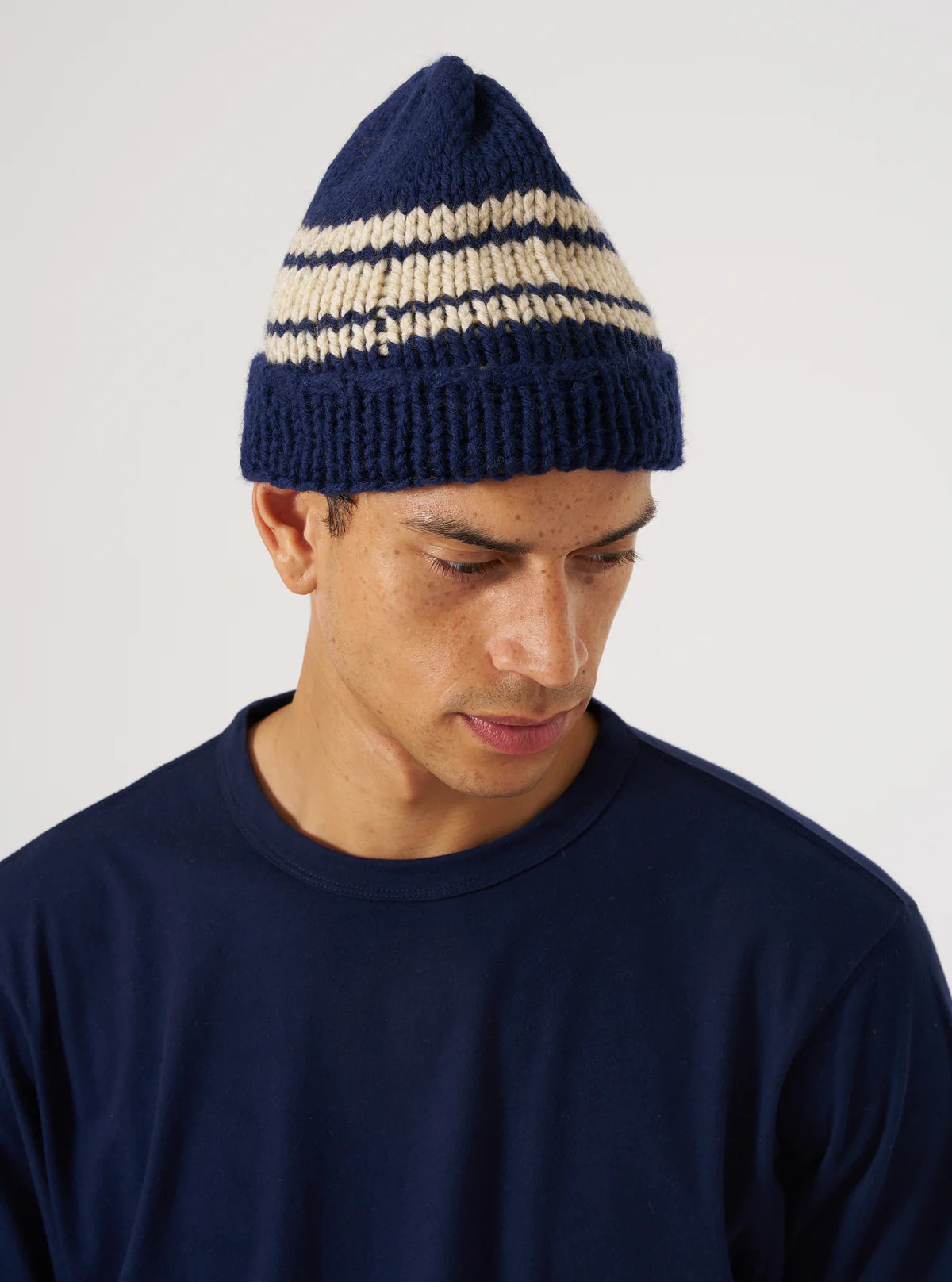 UNIVERSAL WORKS Navy Chunky Knit Stripe Lenny Hat
