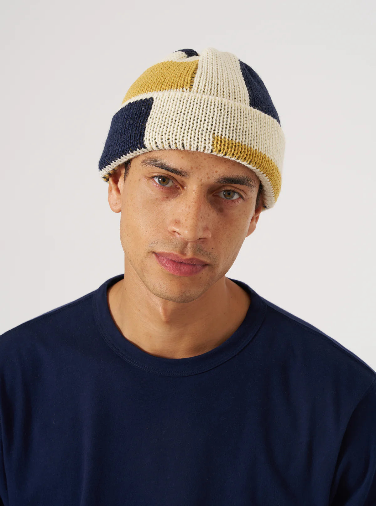 UNIVERSAL WORKS Ecru/Navy/Yellow British Wool Short Watch Cap