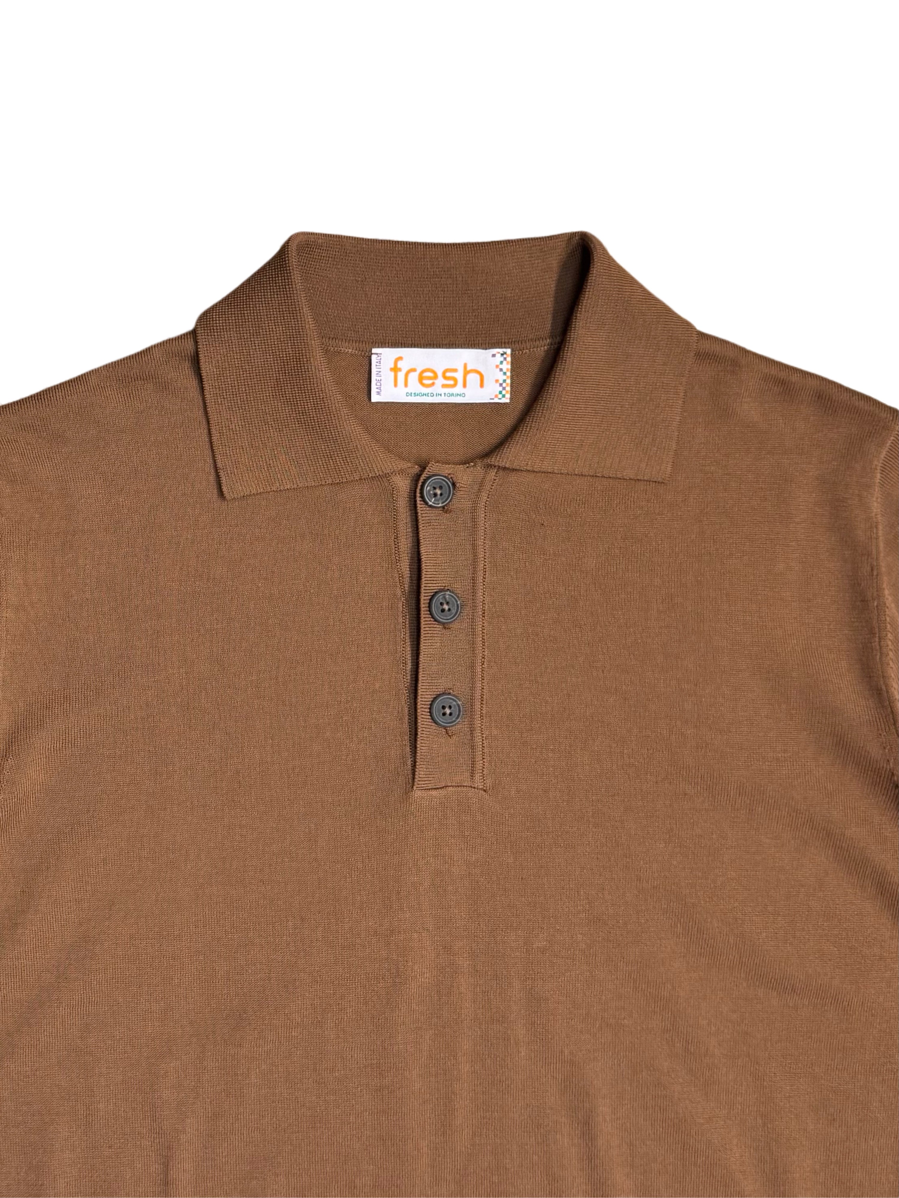 FRESH Weller Extra Fine Knitted Polo In Brown Cotton