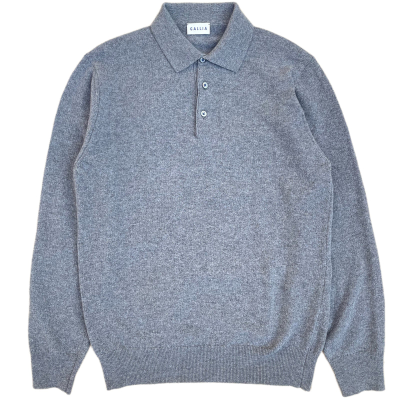 GALLIA Rossi Knit Long-sleeved Wool Polo Shirt Grey