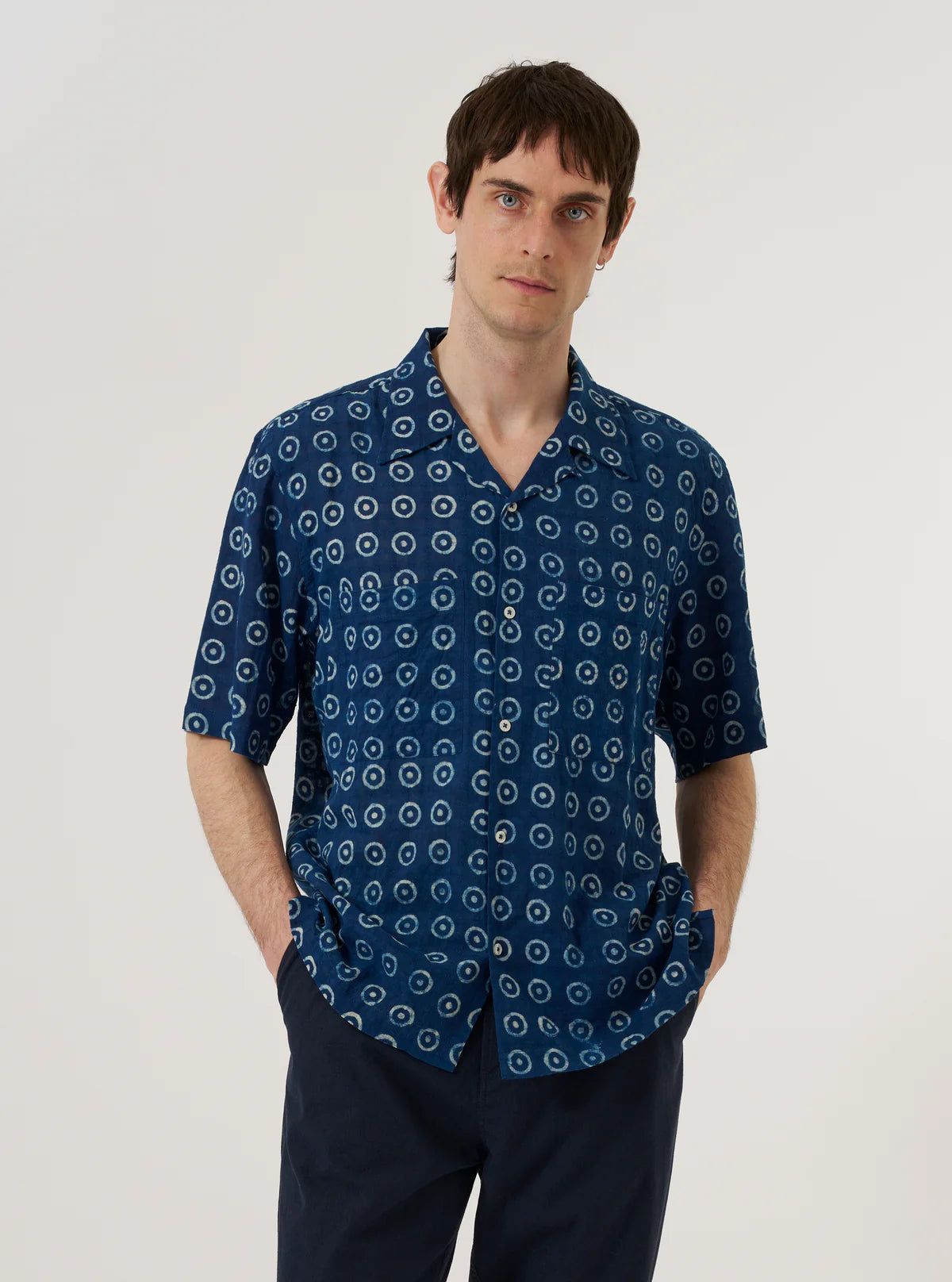 UNIVERSAL WORKS Indigo Block Print Circles Camper Shirt