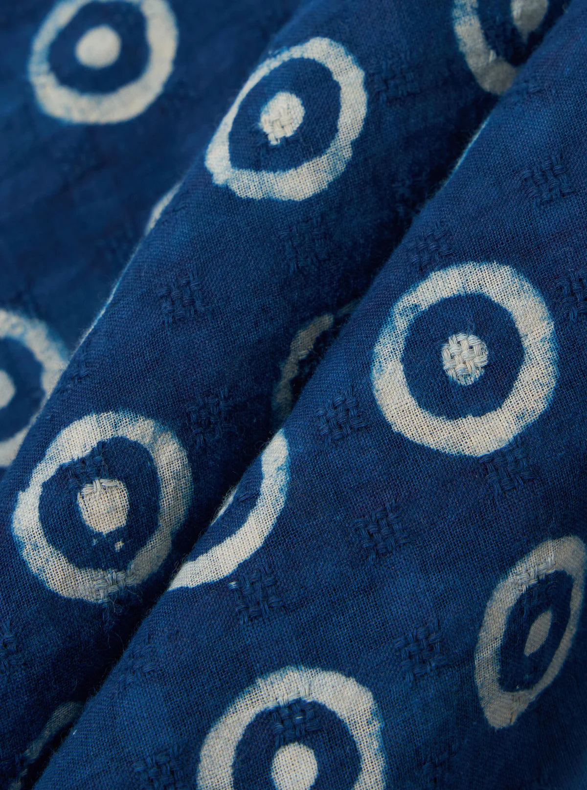 UNIVERSAL WORKS Indigo Block Print Circles Camper Shirt