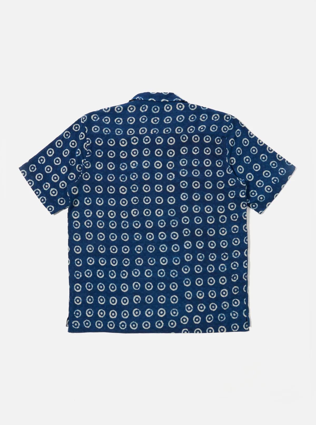 UNIVERSAL WORKS Indigo Block Print Circles Camper Shirt