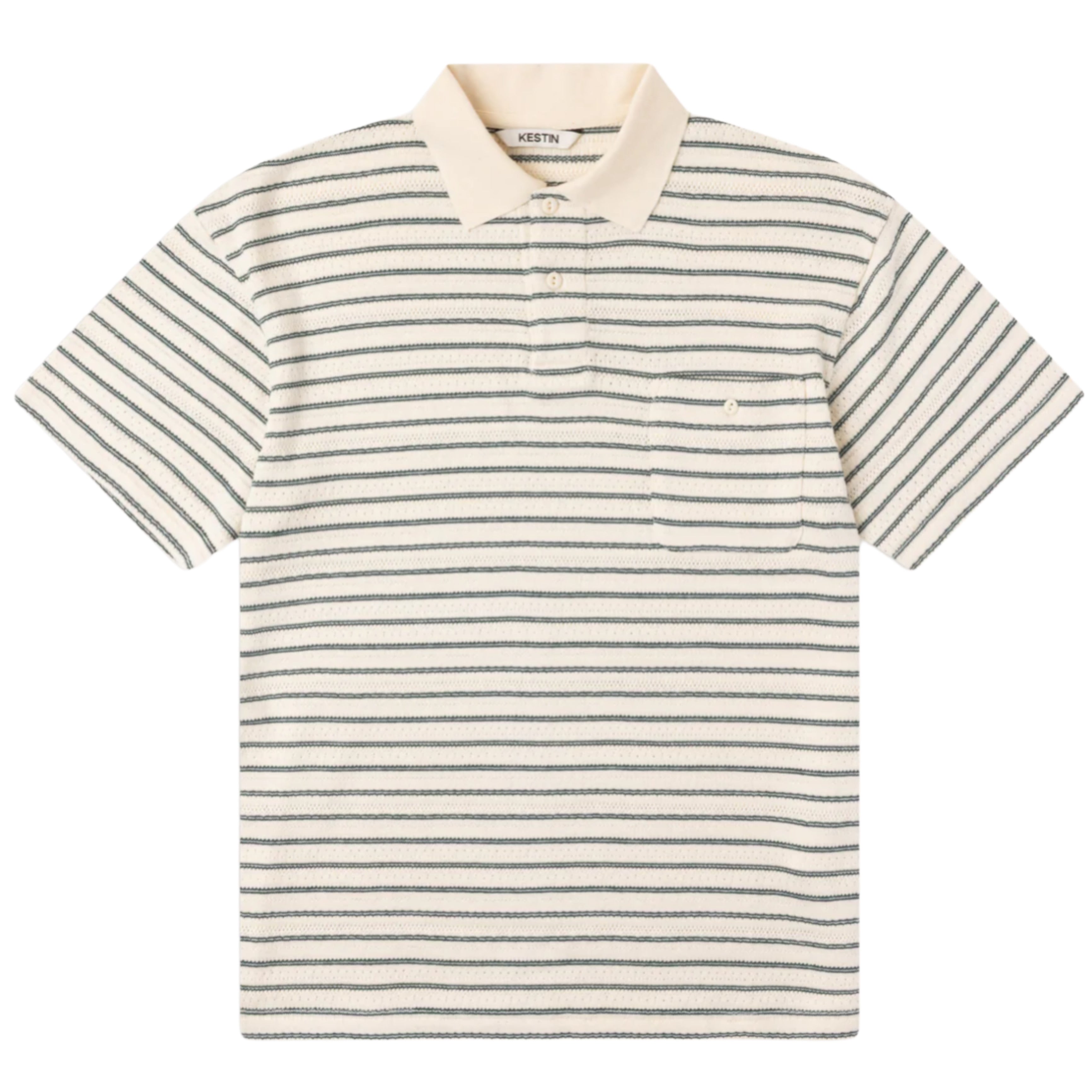 KESTIN Fly Dunn Polo in Ecru Green Organic Cotton Knitted Stripe