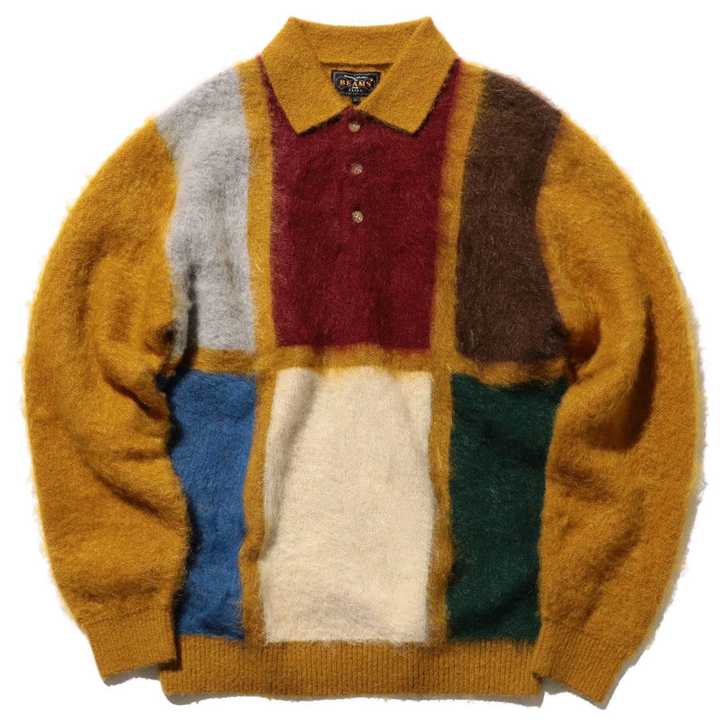 BEAMS PLUS Knit Polo Shaggy Sweater Mustard