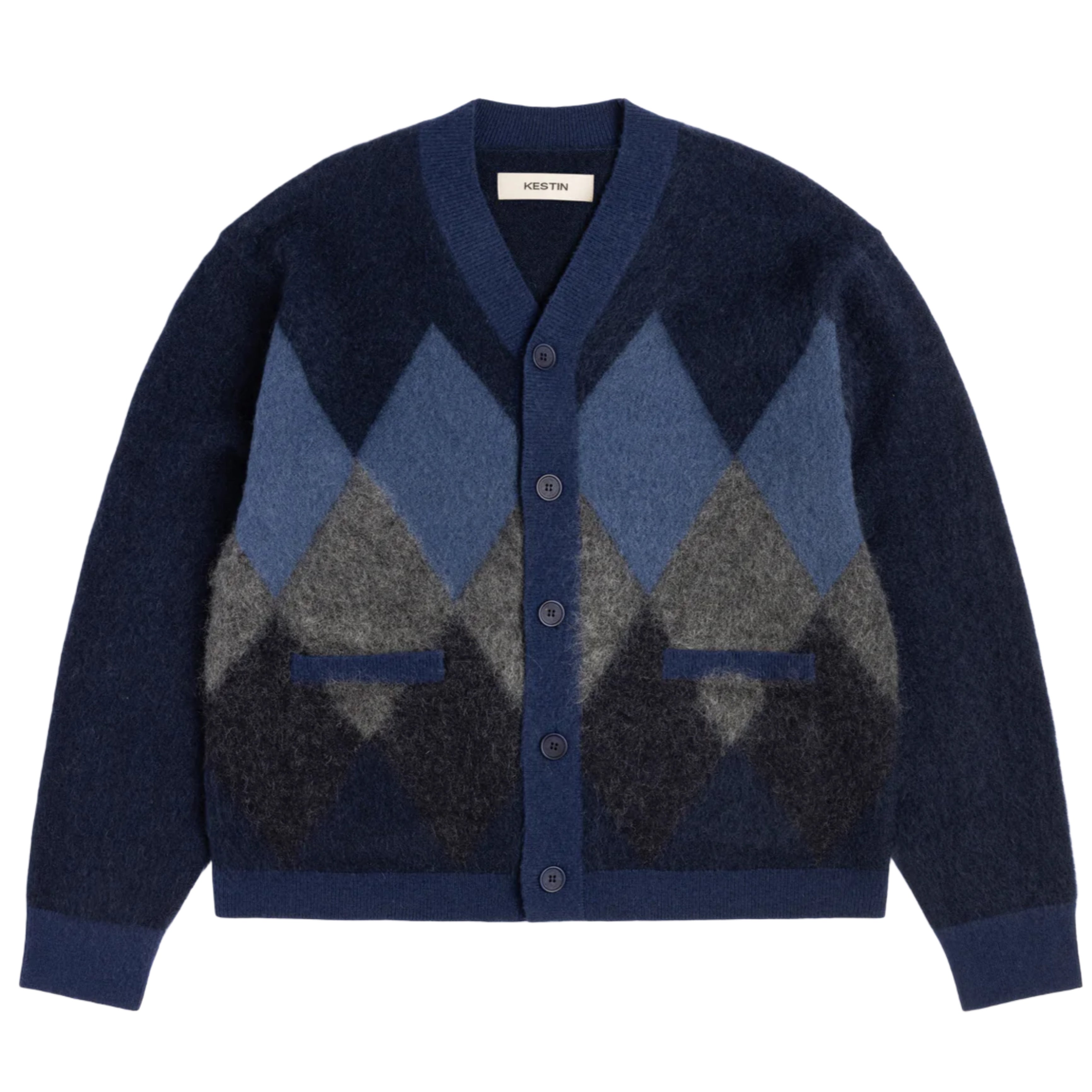 KESTIN Muirfield Argyle Cardigan in Navy Brushed Mohair