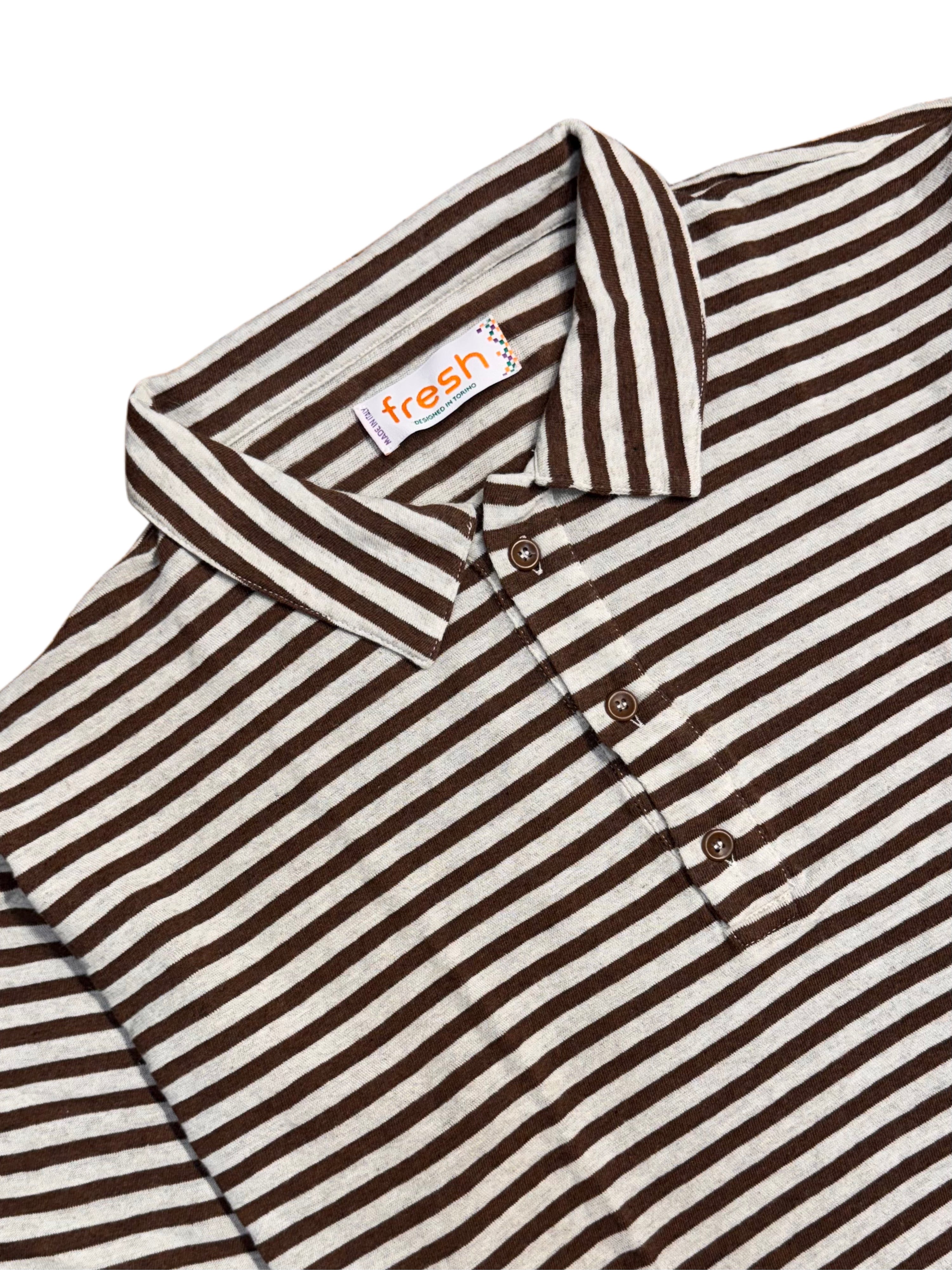 FRESH Marina Short Sleeve Striped Polo in White Brown