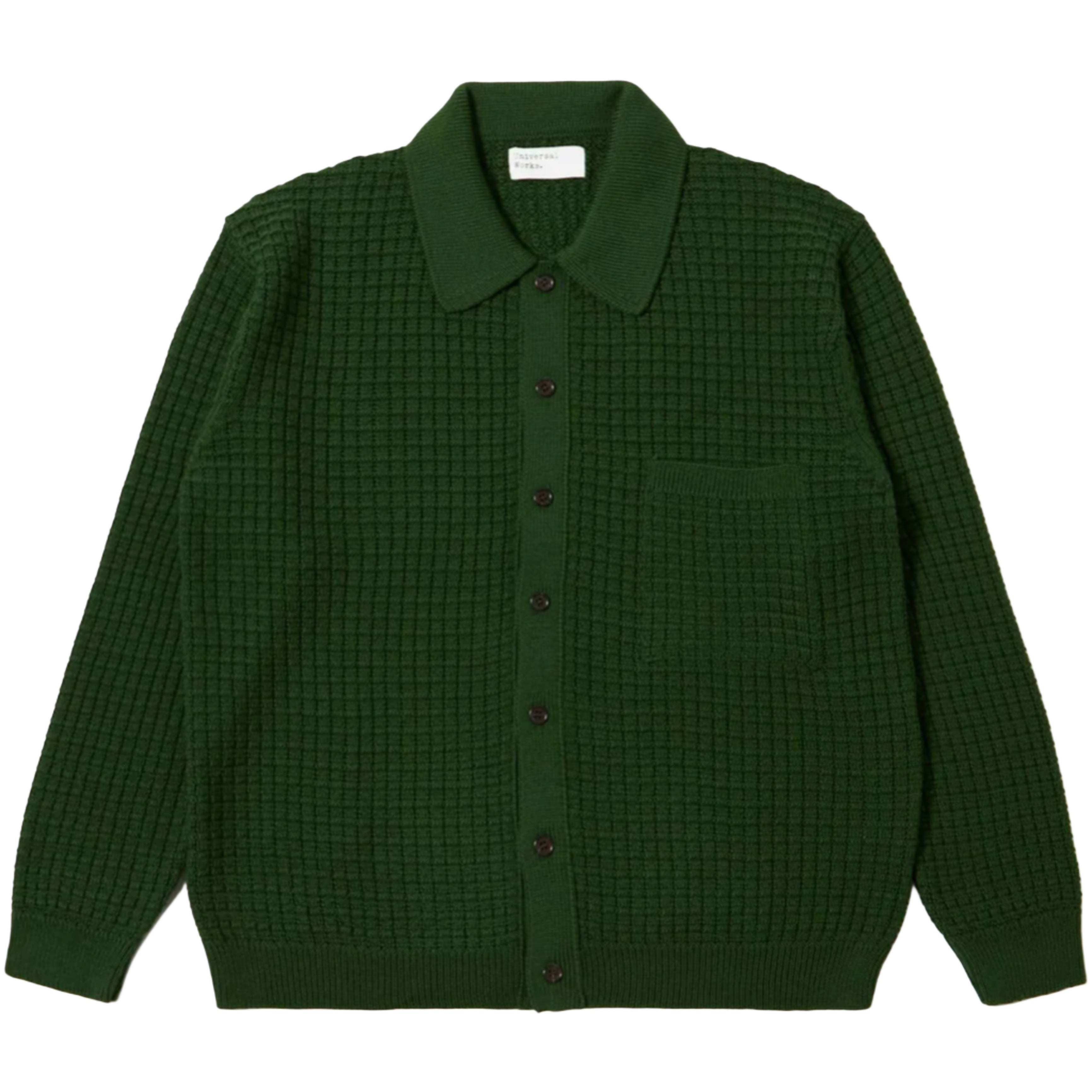 UNIVERSAL WORKS Green Textured Merino Knit Charlie Cardigan