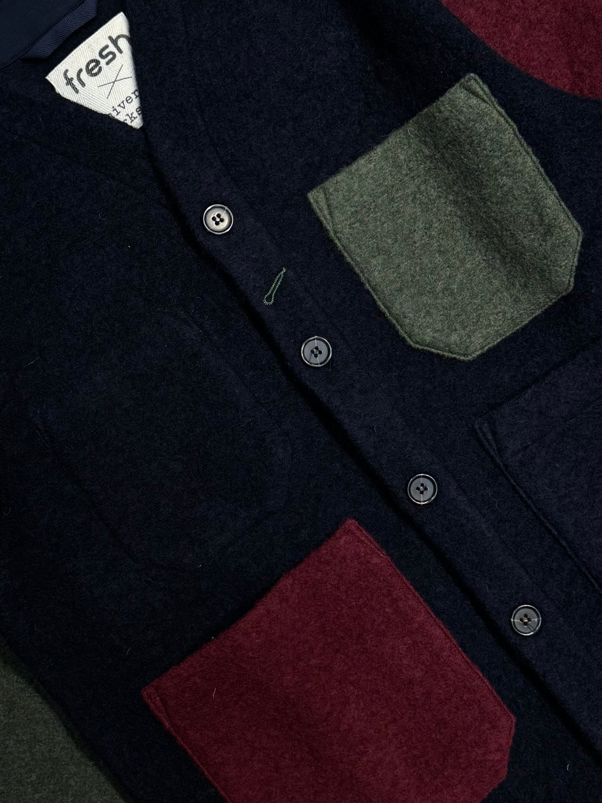 UNIVERSAL WORKS x Fresh Cardigan Wool Fleece Navy Bordeaux