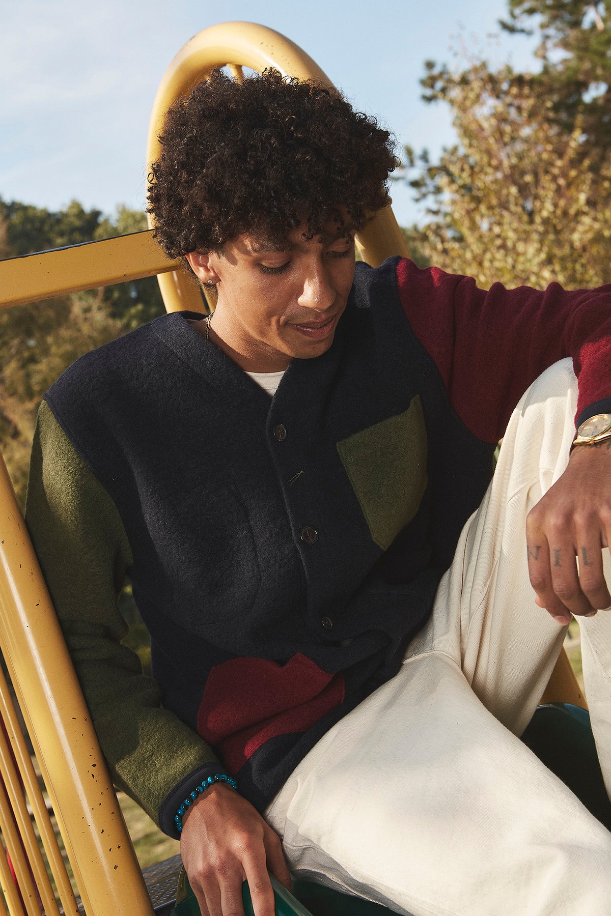 UNIVERSAL WORKS x Fresh Cardigan Wool Fleece Navy Bordeaux
