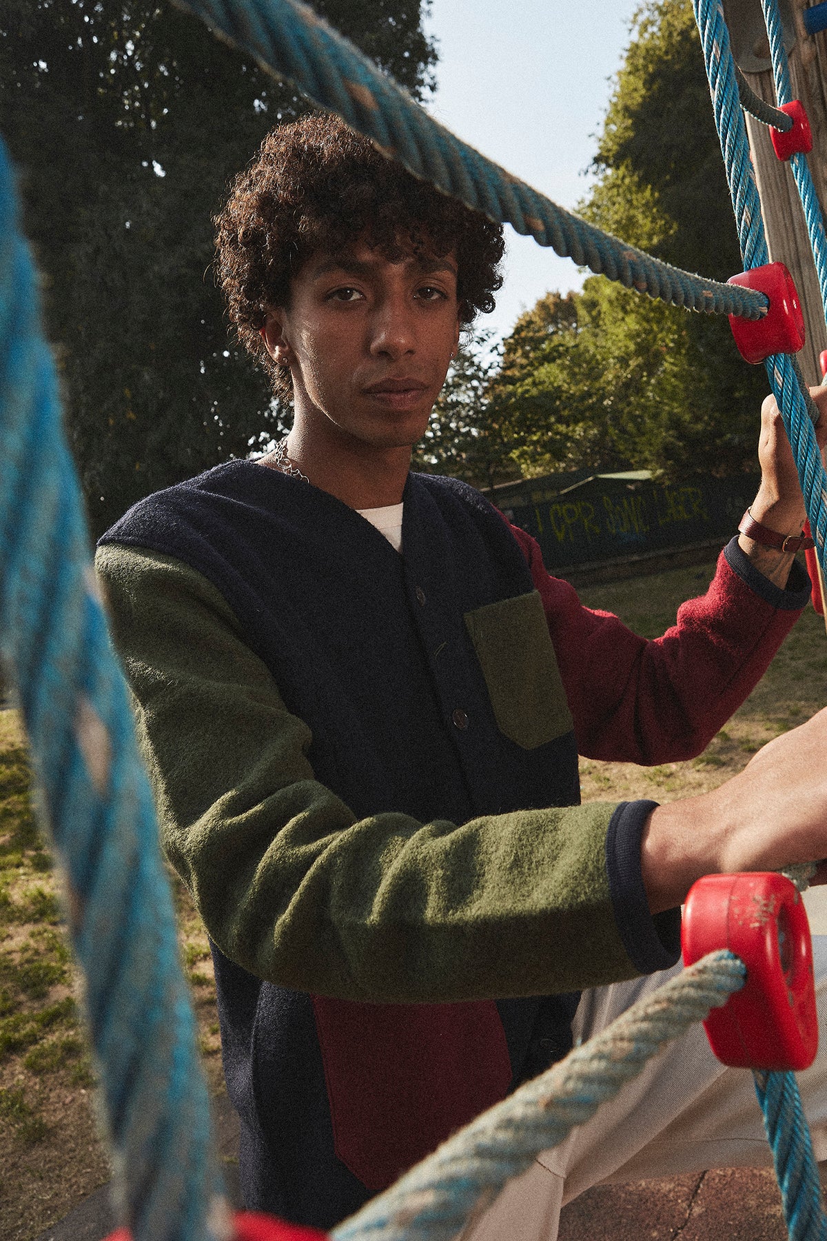 UNIVERSAL WORKS x Fresh Cardigan Wool Fleece Navy Bordeaux