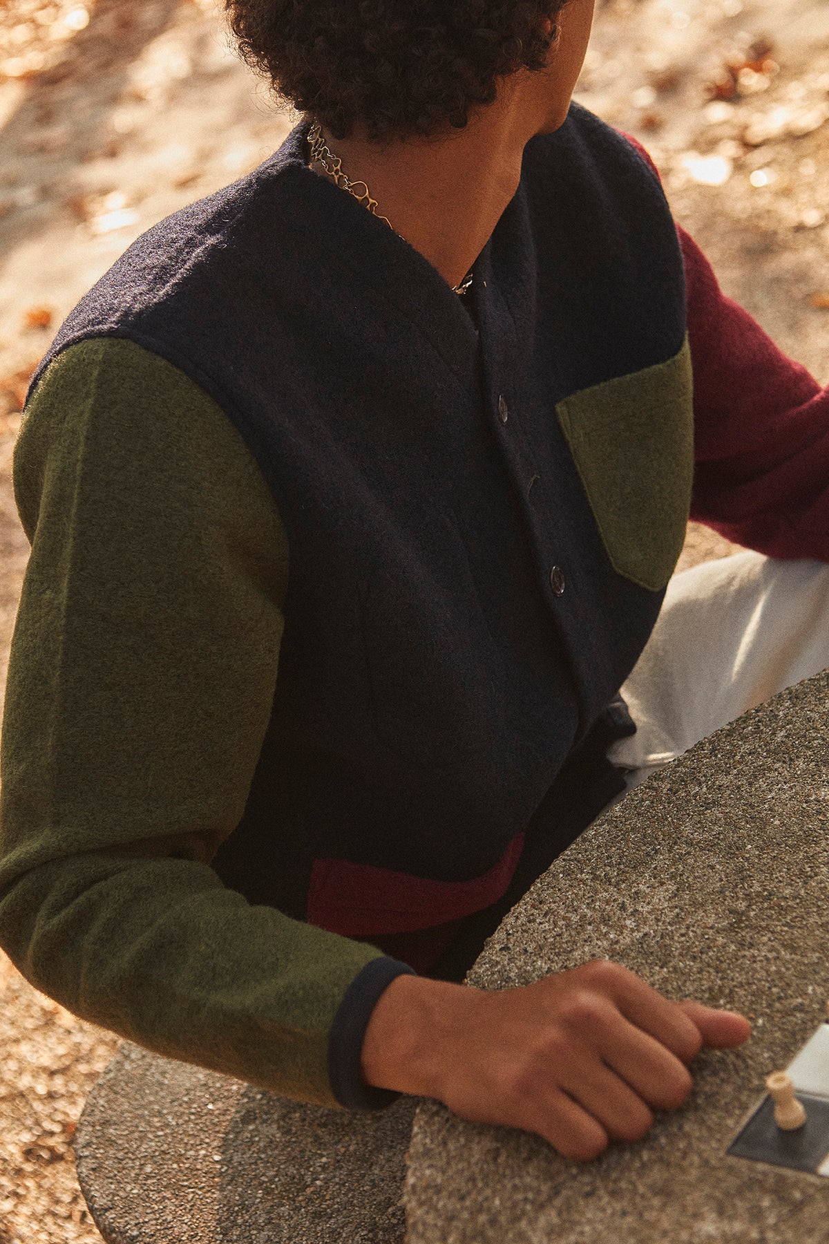 UNIVERSAL WORKS x Fresh Cardigan Wool Fleece Navy Bordeaux