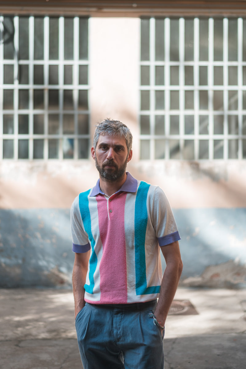 FRESH Fripp Extra Fine Crepe Cotton Knitted Polo in Blue And Pink