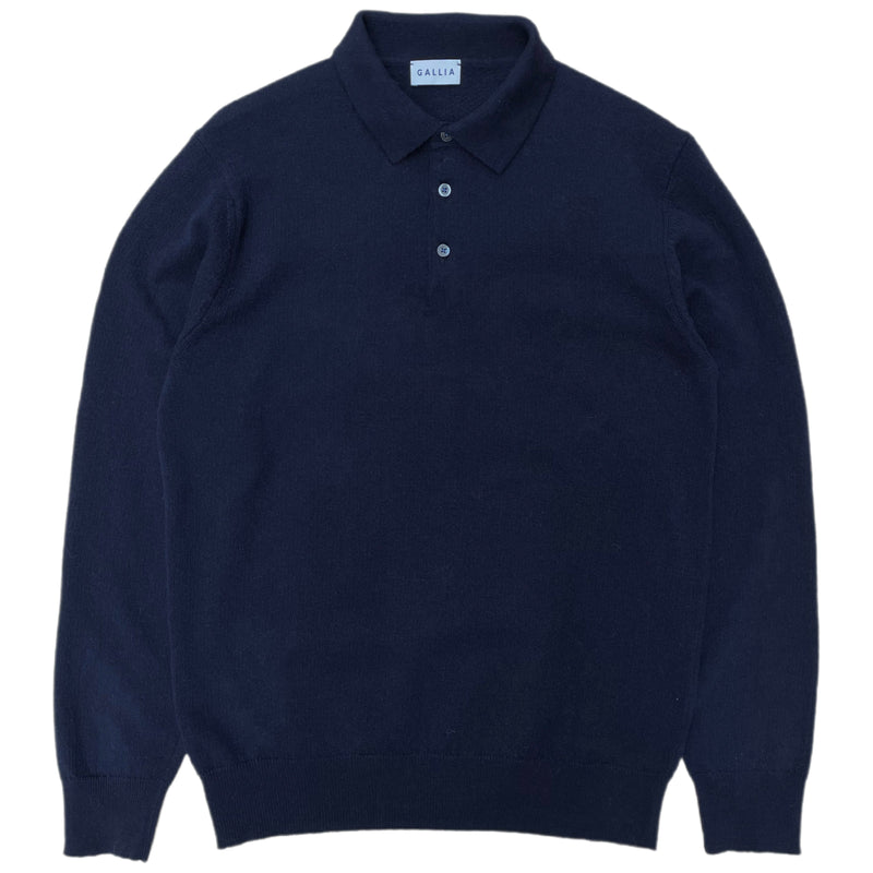 GALLIA Rossi Knit Long-sleeved Wool Polo Shirt Navy