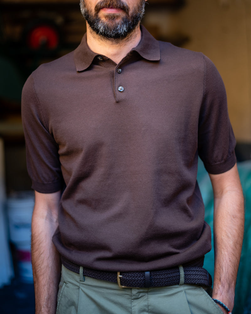 FRESH Extra Fine Crepe Cotton Knitted Polo in Brown
