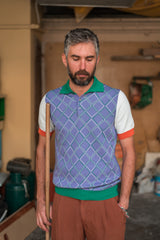 FRESH Argyle Extra Fine Crepe Cotton Knitted Polo in Purple