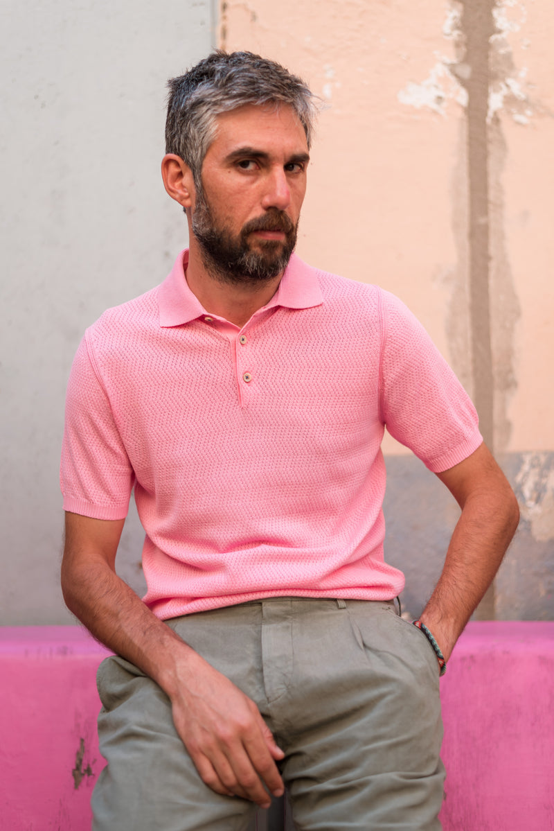 FRESH Hopkins Extra Fine Crepe Cotton Knitted Polo in Pink