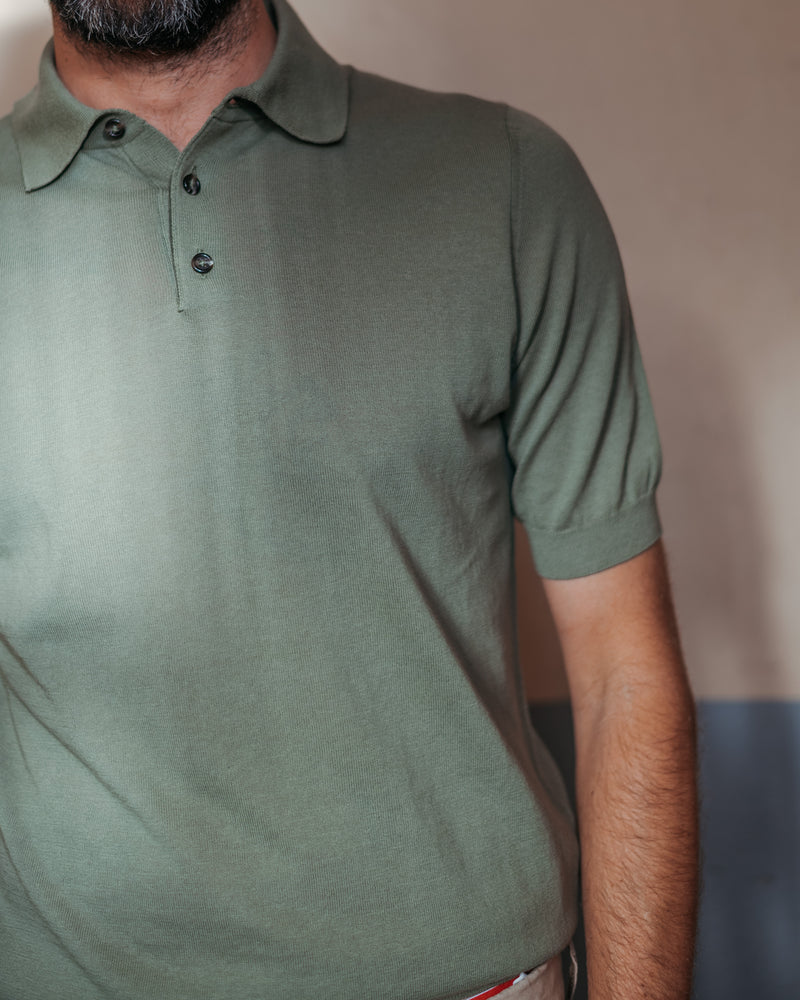 FRESH Extra Fine Crepe Cotton Knitted Polo In Olive Green
