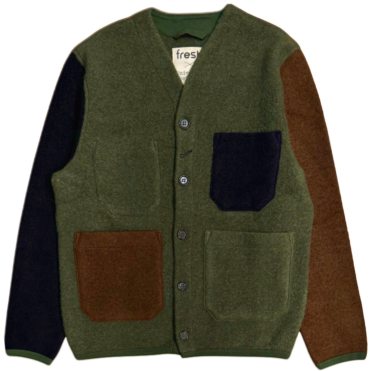 UNIVERSAL WORKS x Fresh Cardigan Wool Fleece Olive Cocoa