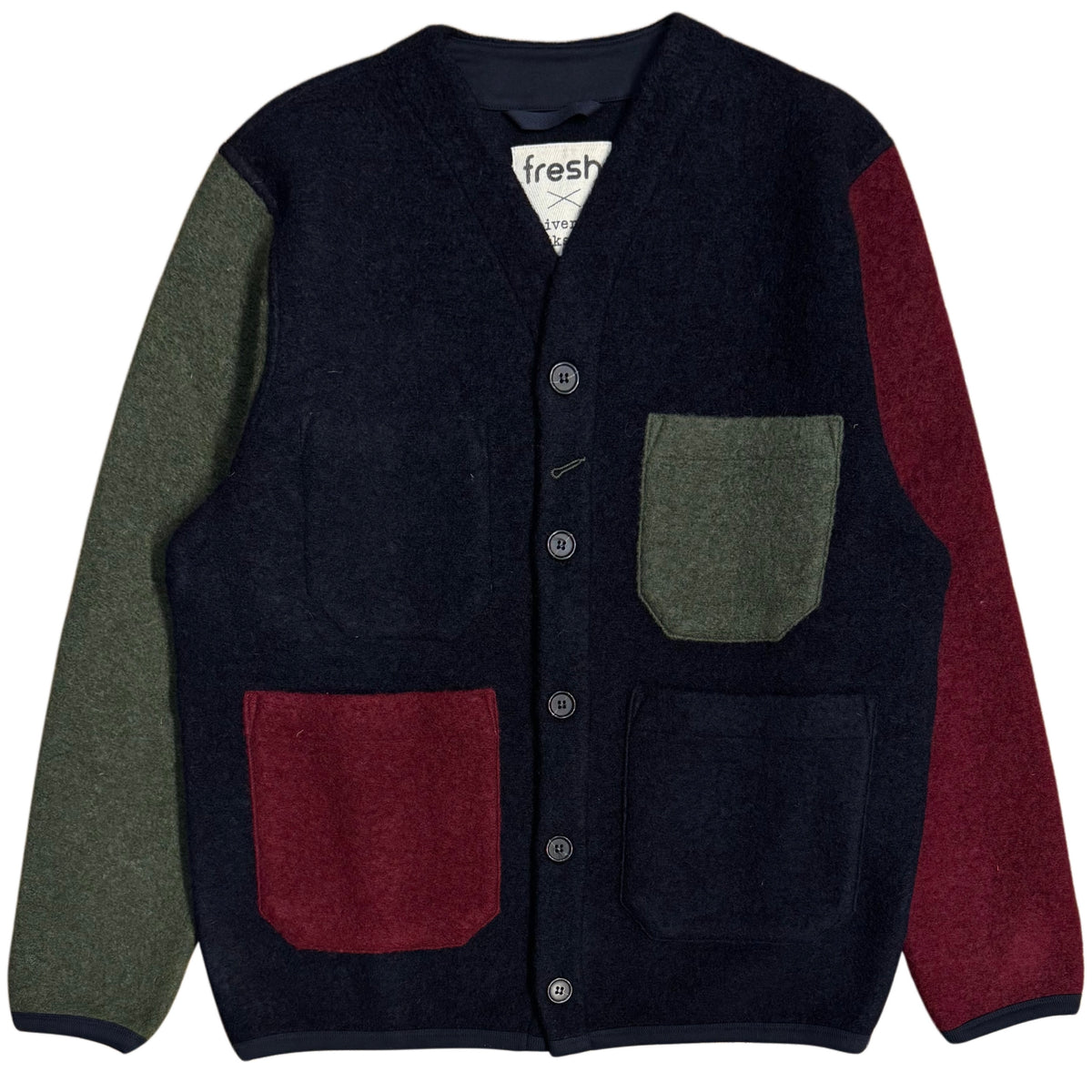 UNIVERSAL WORKS x Fresh Cardigan Wool Fleece Navy Bordeaux
