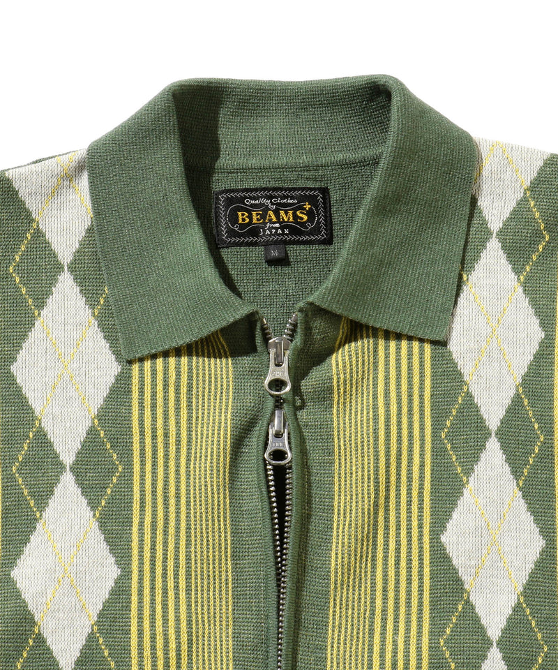 BEAMS PLUS Zip Knit Polo Stripe Green