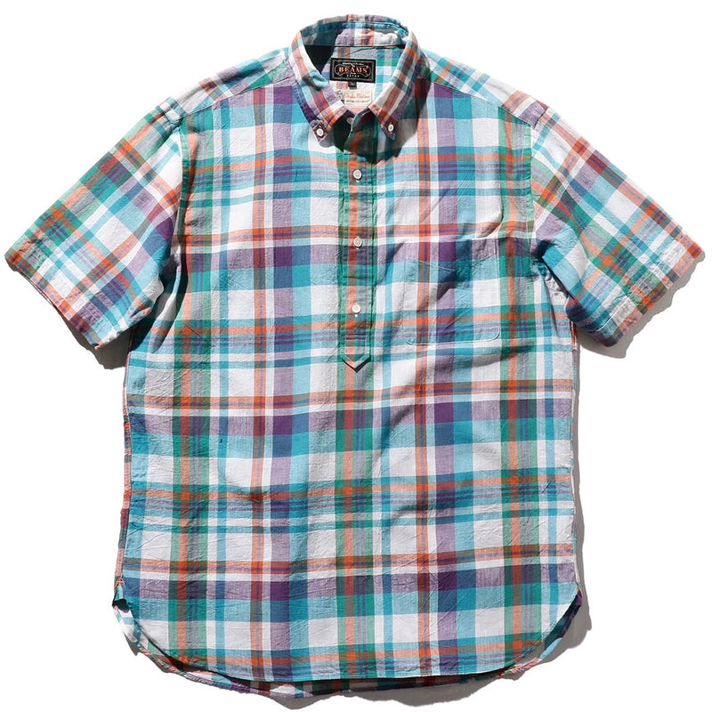 BEAMS PLUS B.D. Pullover Short Sleeve Indian Madras Check Sax ed