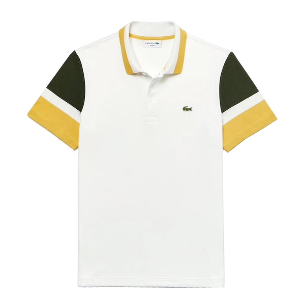 LACOSTE Slim Fit Colourblock Stretch Pima Piqué Polo Shirt White / Khaki Green / Yellow • 7RW